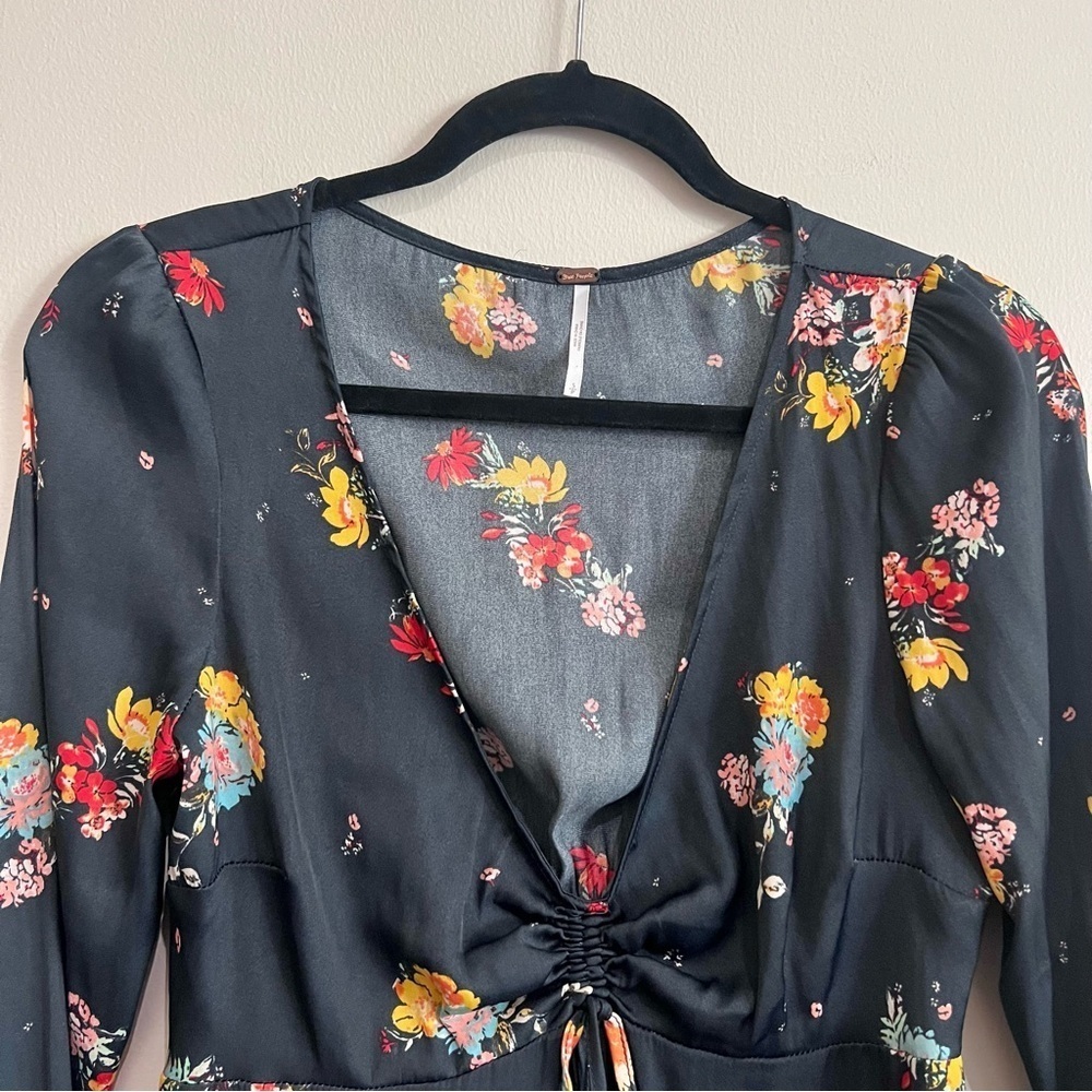 Free People Midnight Navy Silky Mini Dress Floral Long Sleeve Size S - Picture 5 of 11